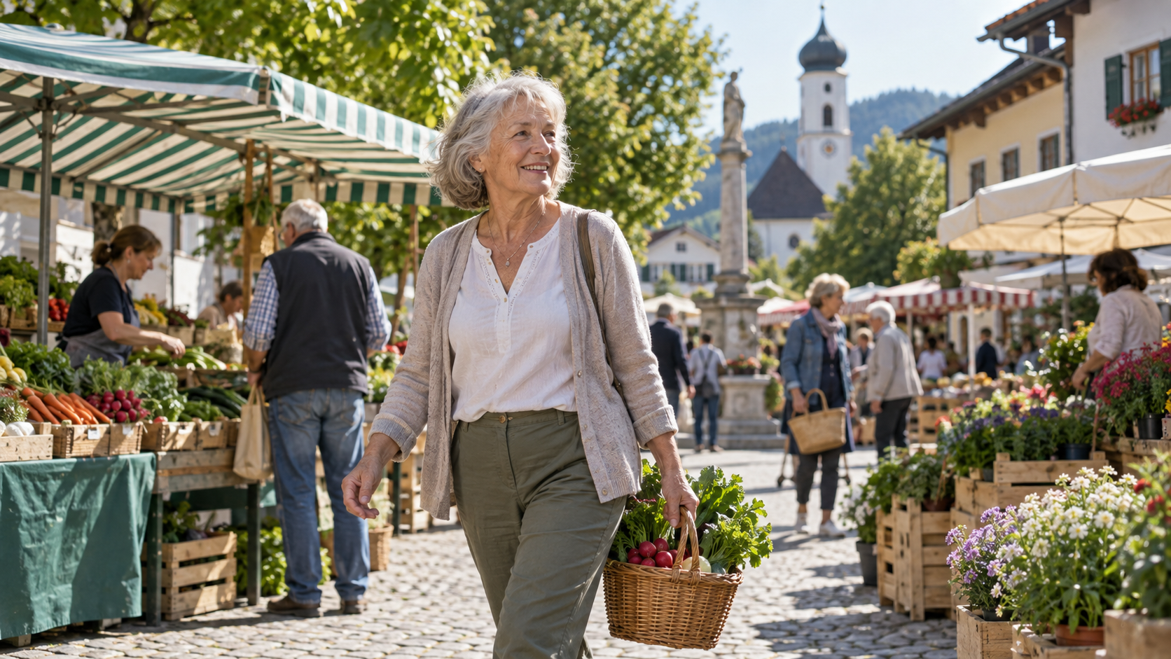 Ältere Frau geht mit Einkaufskorb über einen bayerischen Wochenmarkt