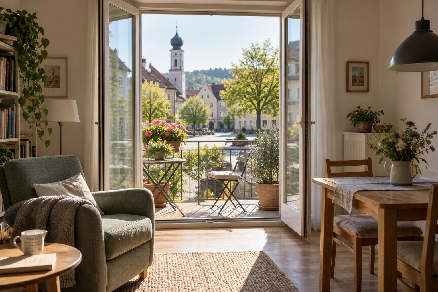 Helle kleinere Wohnung im bayerischen Ortskern mit Balkonblick
